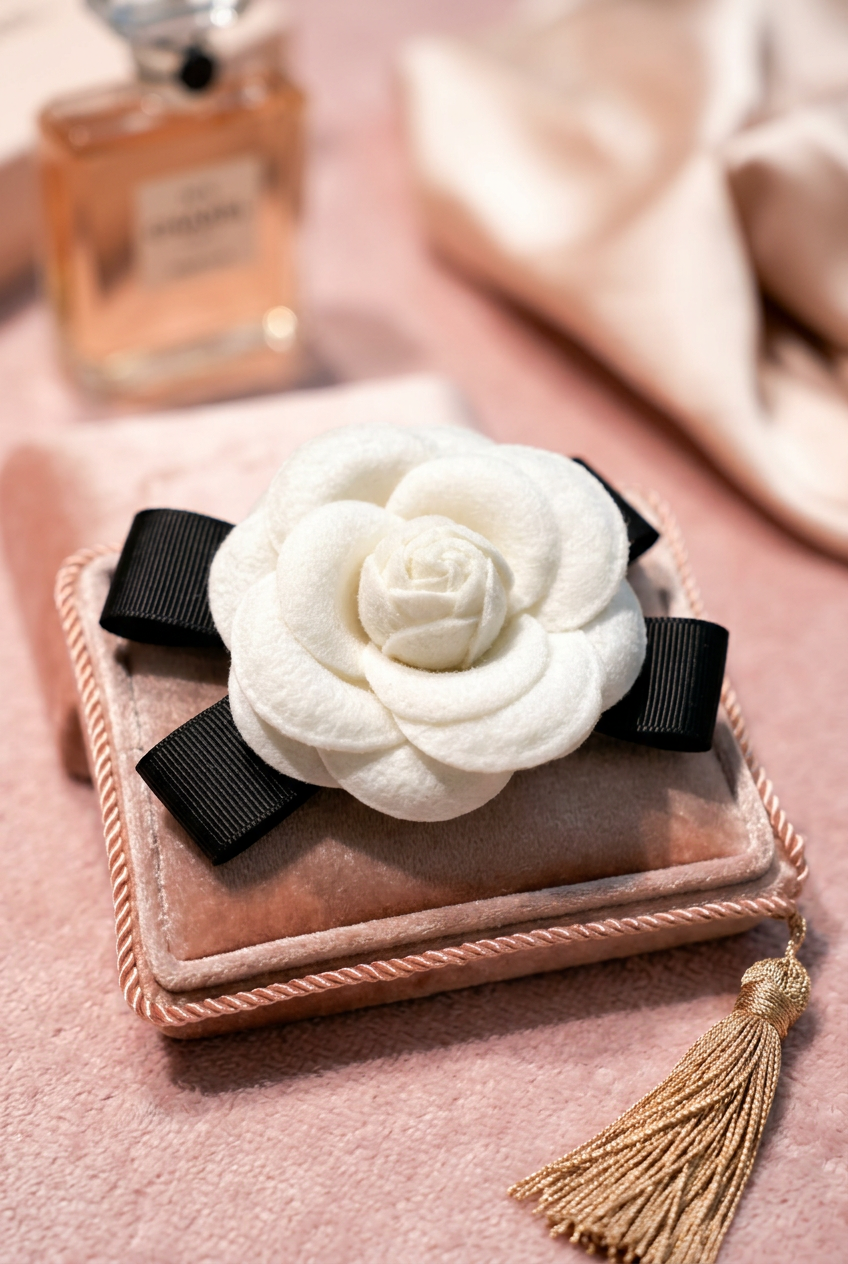 Broche Camelia blanca grosgrain