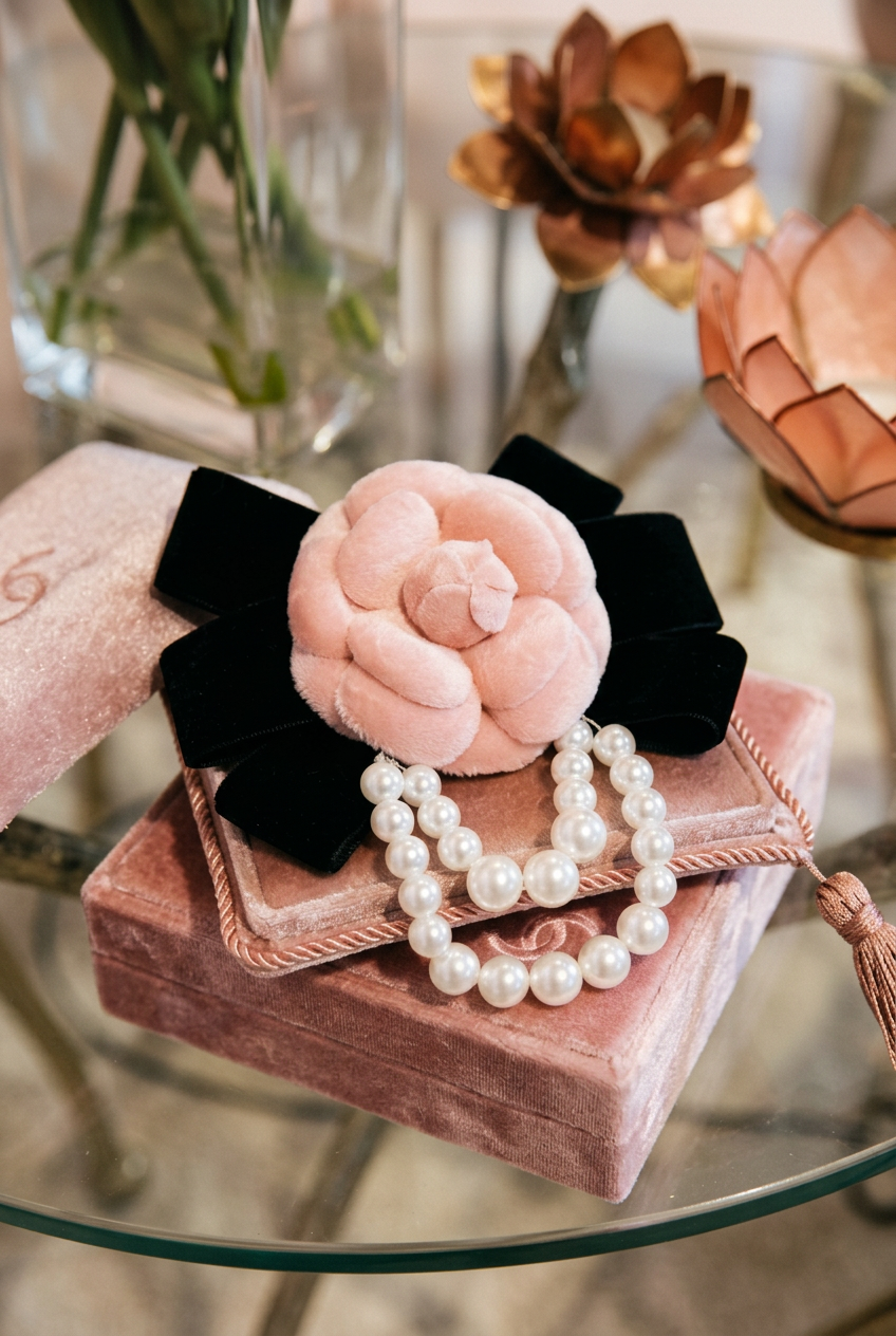 Broche camelia terciopelo y perlitas