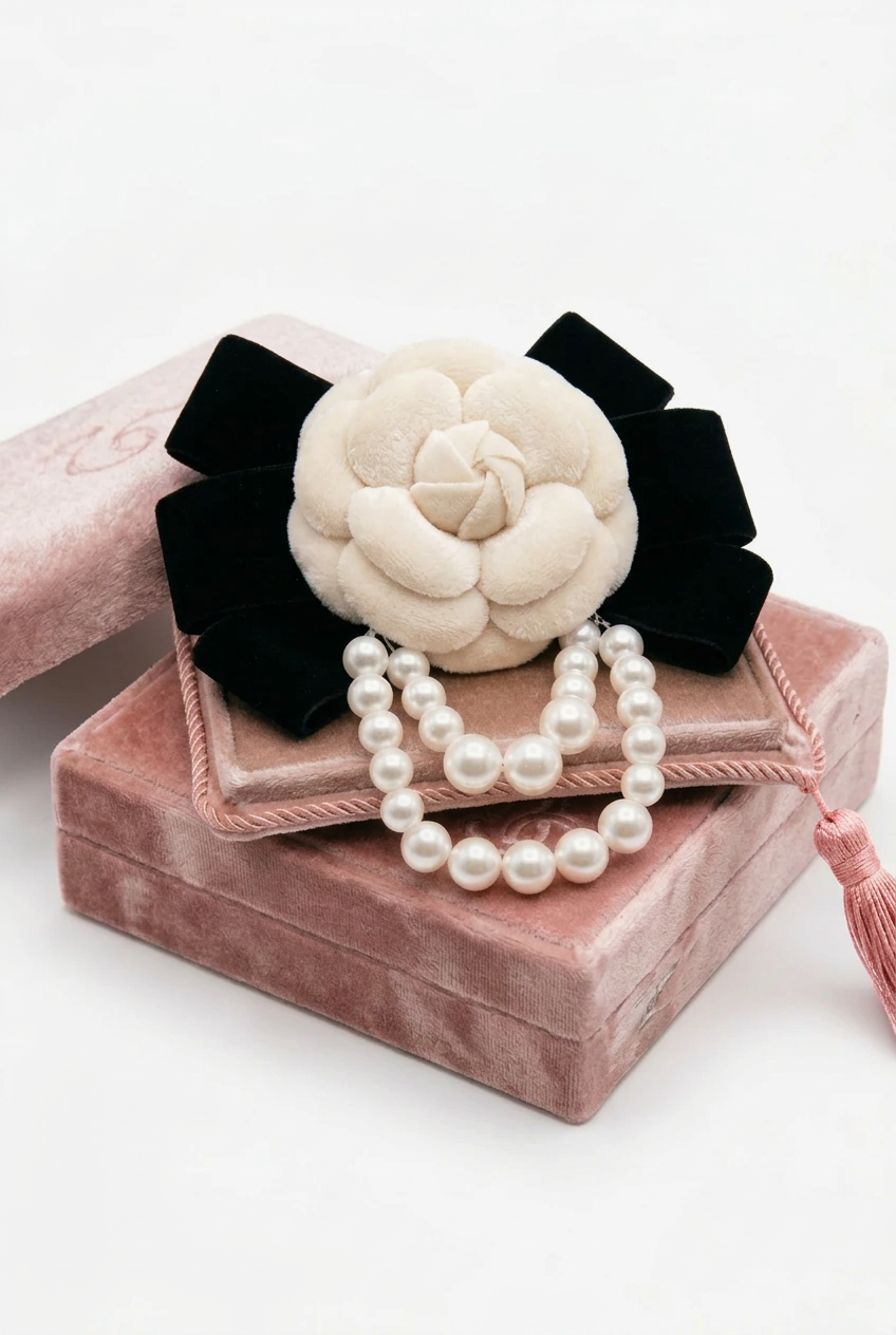 Broche camelia terciopelo y perlitas