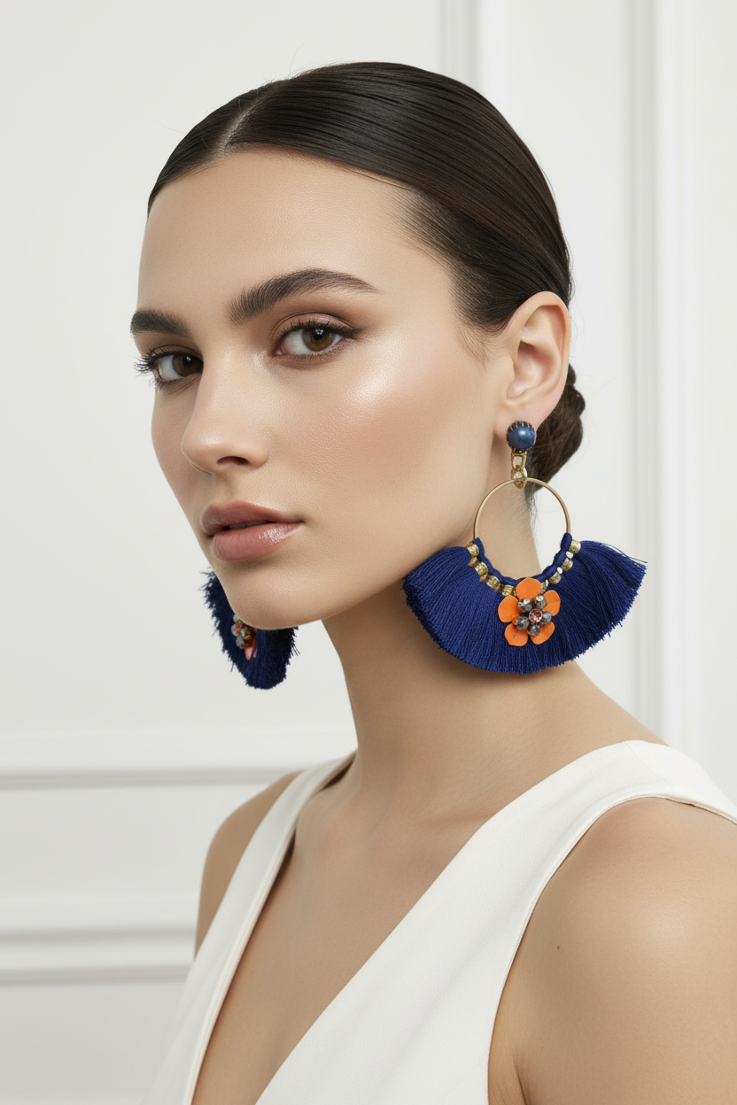 Pendientes aro flecos azul/Coral OUTLET