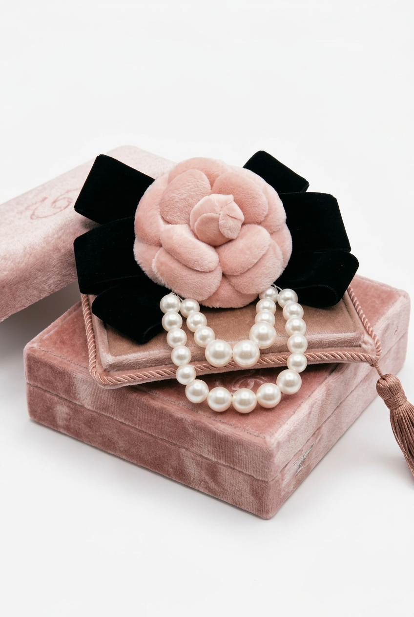 Broche camelia terciopelo y perlitas
