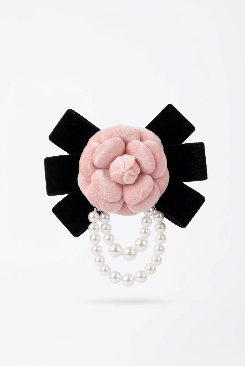 Broche camelia terciopelo y perlitas