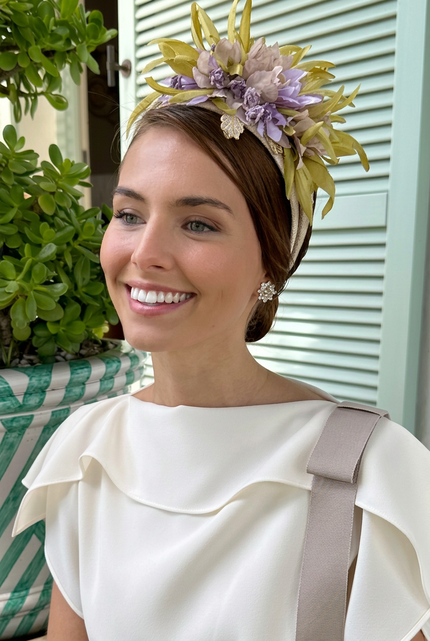 Raffia headband with purple flower OUTLET