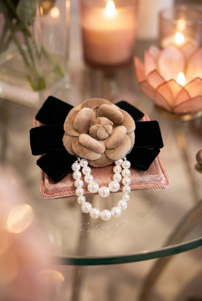 Broche camelia terciopelo y perlitas