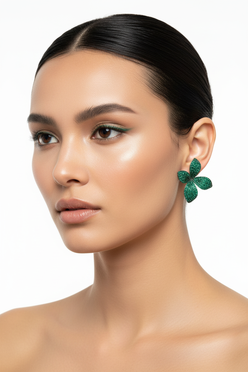 Green rhinestone leaf earrings OUTLET
